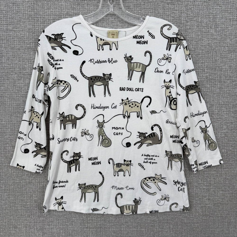 Vtg Jess & Jane Cat World Print Top Womens M White 3/4 Sleeve